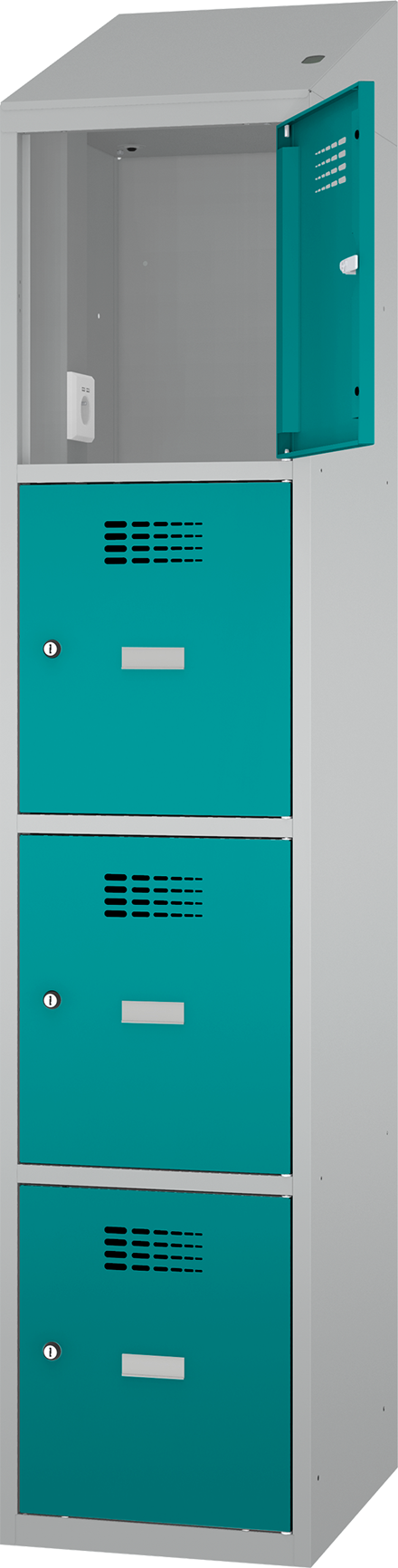 Schließfachschrank - 1 Abteil - 4 Fächer - mit Steckdosen + USB A+C - 2000x400x500 mm (HxBxT)