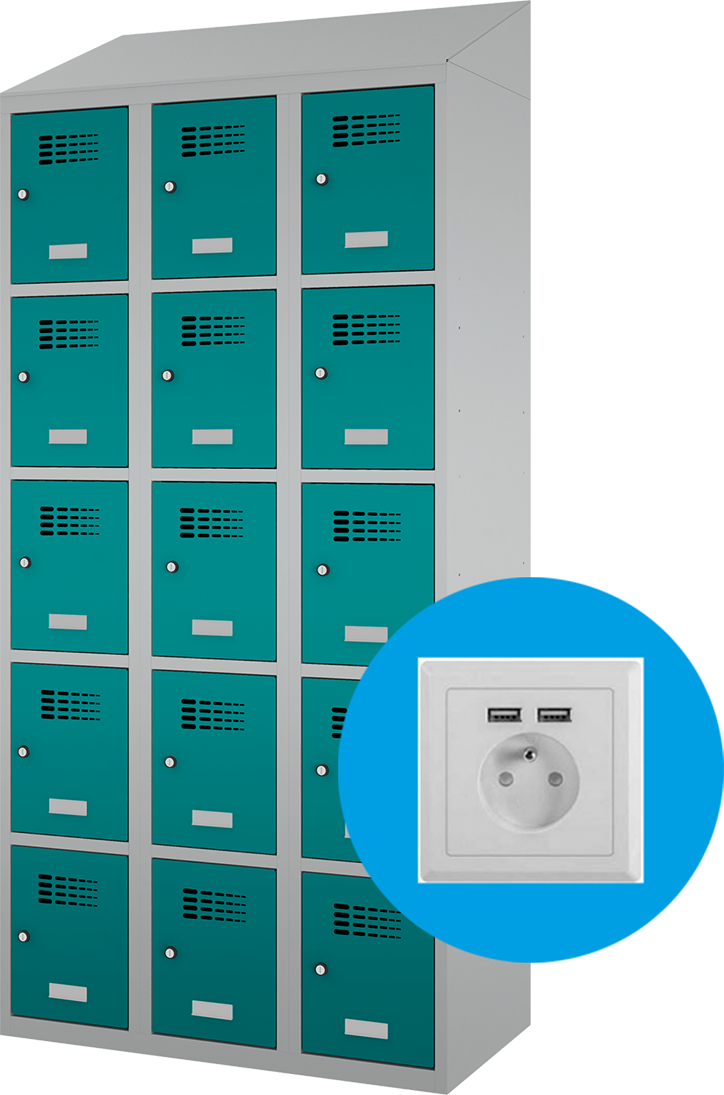 Schließfachschrank - 3 Abteile -  15 Fächer - mit Steckdosen + USB A+C - 2000x900x500 mm (HxBxT)