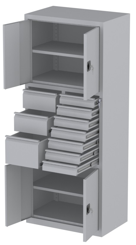 Werkstattschrank - 2 Fächer und 7 + 1 + 2 Schubladen - 1950x1000x500 mm (HxBxT)