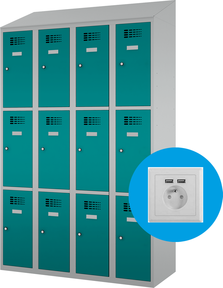 Schließfachschrank - 4 Abteile - 12 Fächer - mit Steckdosen + USB A+C