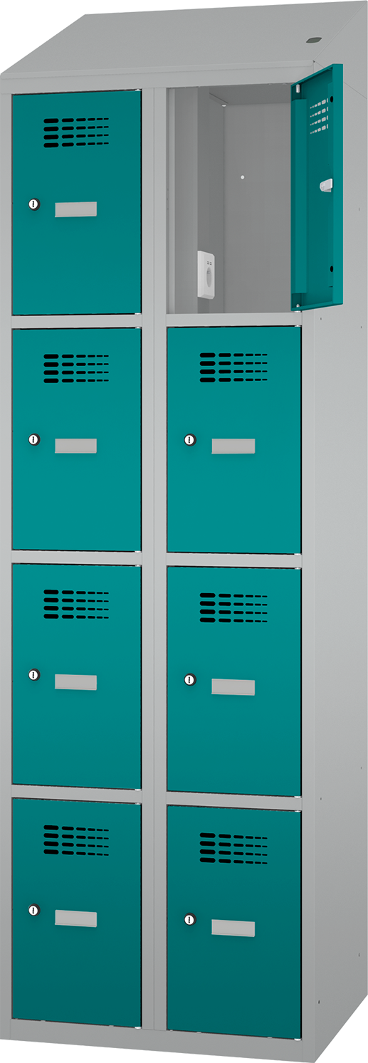 Schließfachschrank - 2 Abteile -  8 Fächer - mit Steckdosen + USB A+C