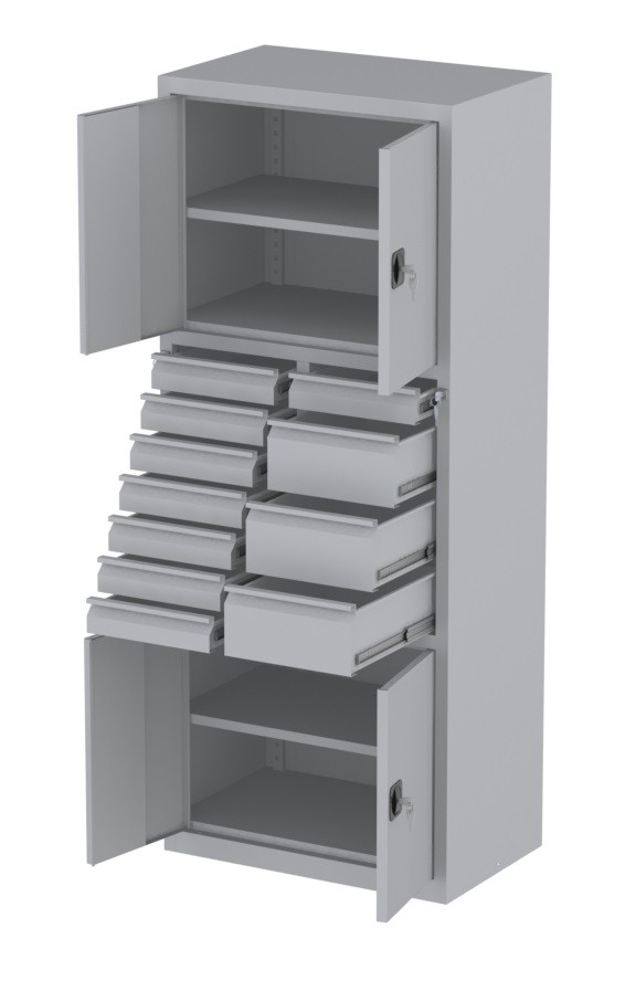 Werkstattschrank - 2 Fächer und 3 + 8 Schubladen - 1950x1000x500 mm (HxBxT)