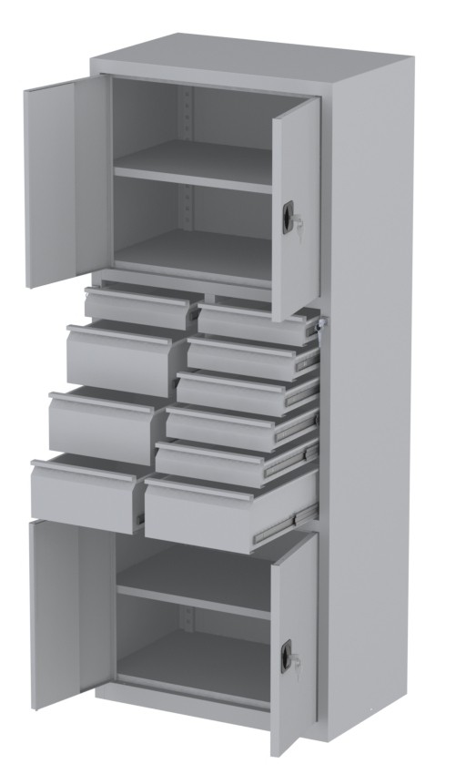 Werkstattschrank - 2 Fächer und 4 + 6 Schubladen - 1950x1000x500 mm (HxBxT)