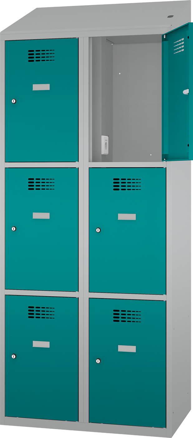 Schließfachschrank - 2 Abteile -  6 Fächer - mit Steckdosen + USB A+C