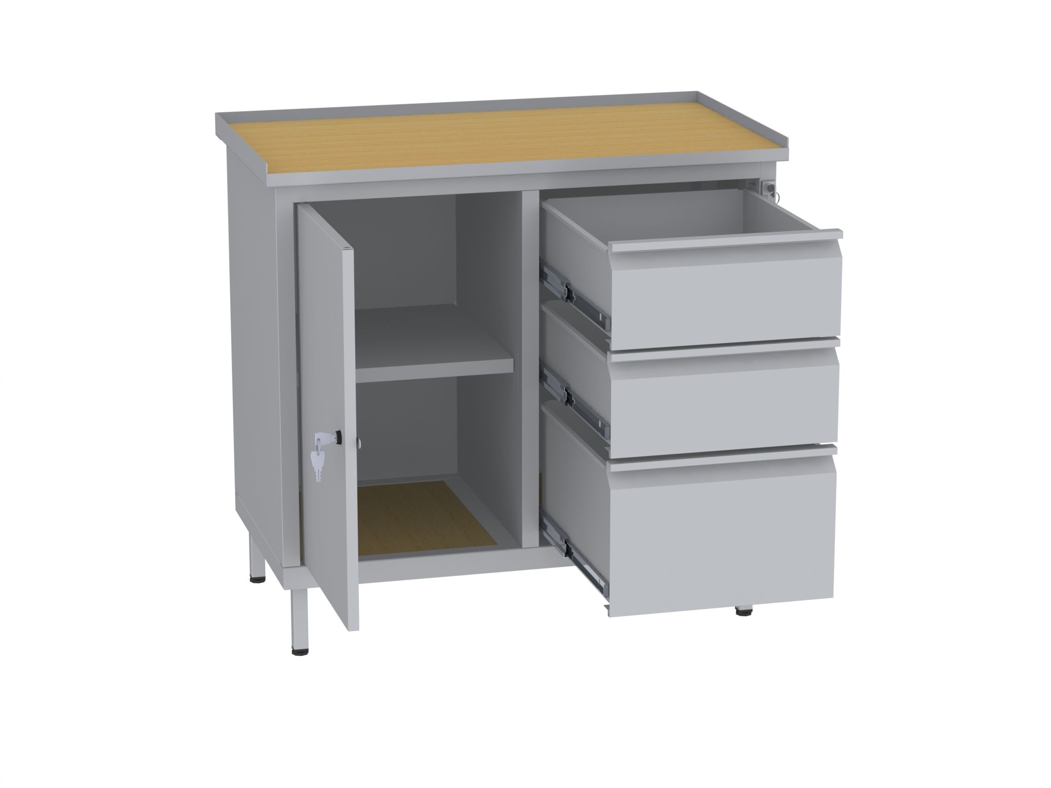 Werkstattschrank, niedrig - 2 Fächer und 1 + 2 Schubladen - 850x900x505 mm (HxBxT)