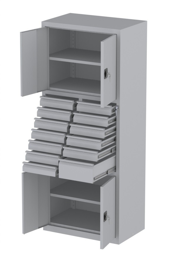 Werkstattschrank - 2 Fächer und 1 + 12 Schubladen - 1950x1000x500 mm (HxBxT)