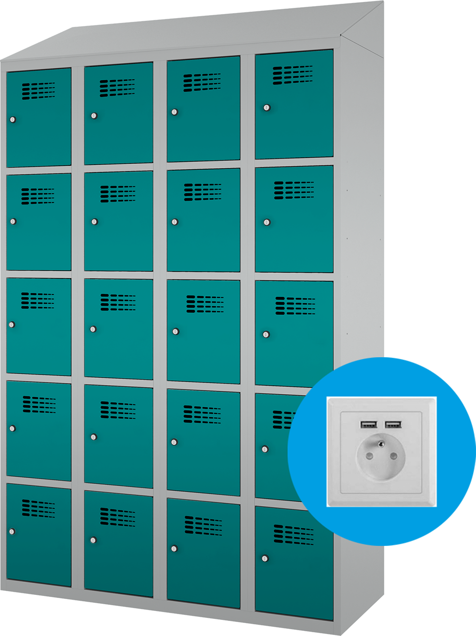 Schließfachschrank - 4 Abteile -  20 Fächer - mit Steckdosen + USB A+C - 2000x1200x500 mm (HxBxT)