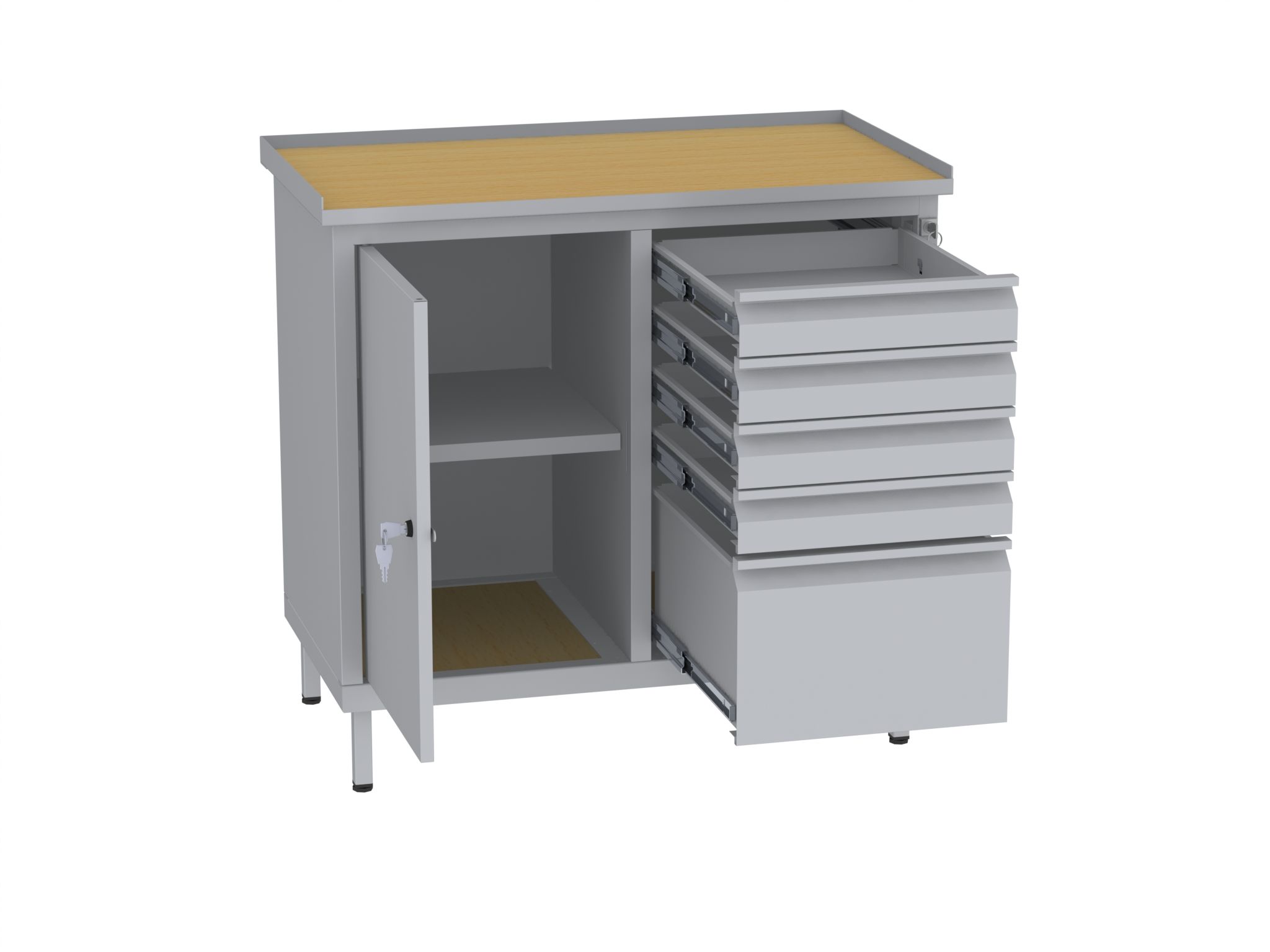 Werkstattschrank, niedrig - 2 Fächer und 1 + 4 Schubladen - 850x900x505 mm (HxBxT)