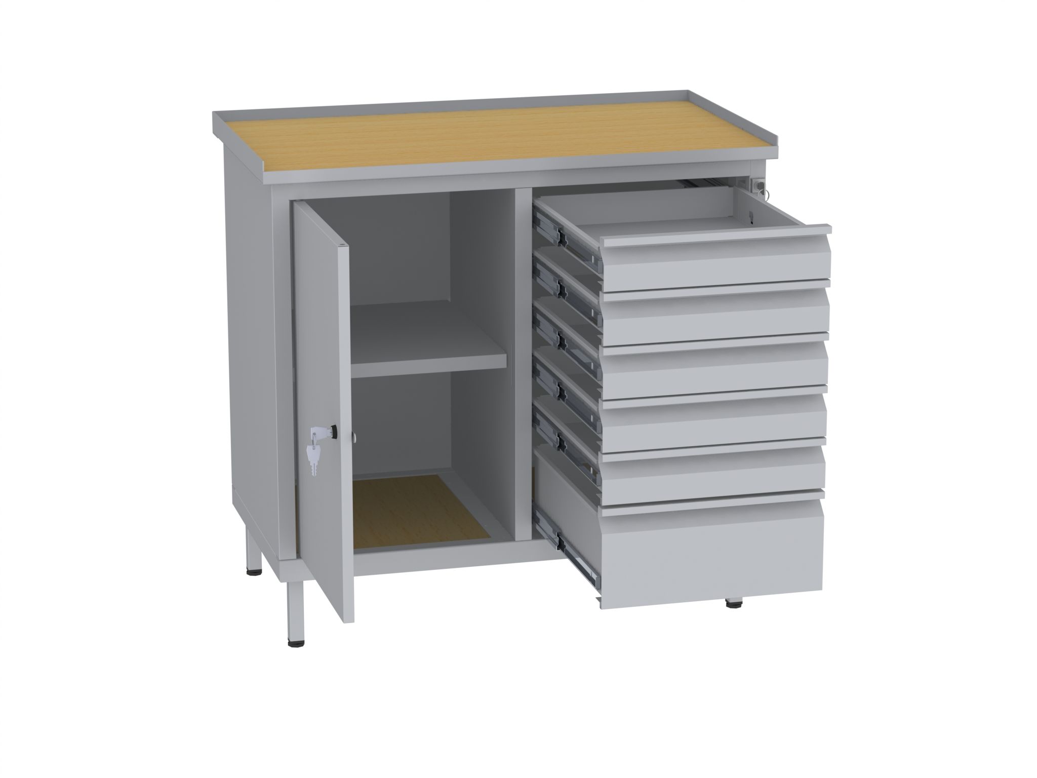 Werkstattschrank, niedrig - 2 Fächer und 1 + 5 Schubladen - 850x900x505 mm (HxBxT)