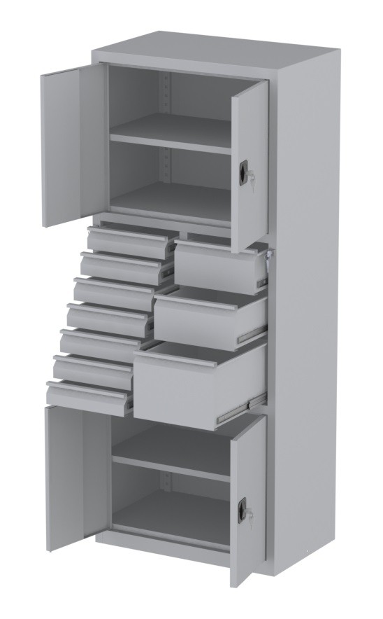 Werkstattschrank - 2 Fächer und 1 + 2 + 7 Schubladen - 1950x1000x500 mm (HxBxT)