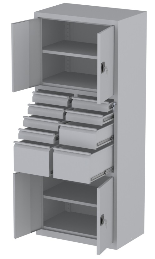 Werkstattschrank - 4 Fächer und 2 + 1 + 6 Schubladen - 1950x1000x500 mm (HxBxT)
