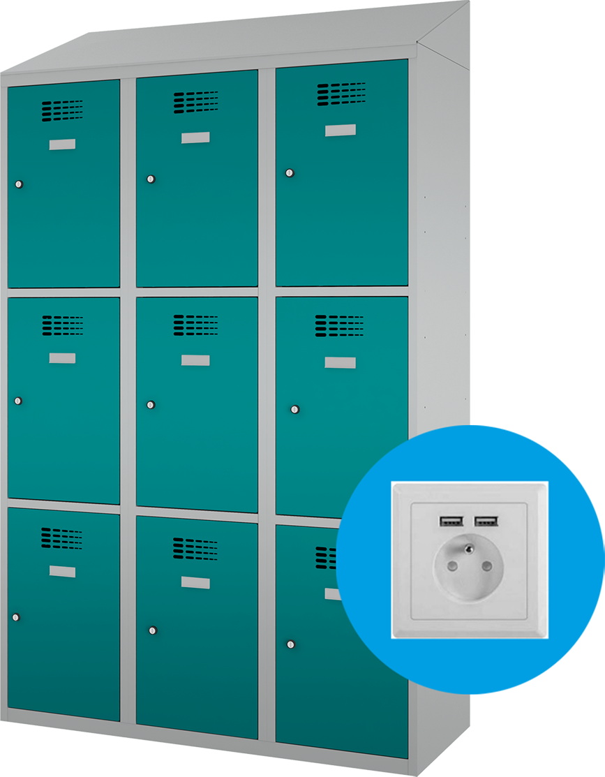 Schließfachschrank - 3 Abteile - 9 Fächer - mit Steckdosen + USB A+C