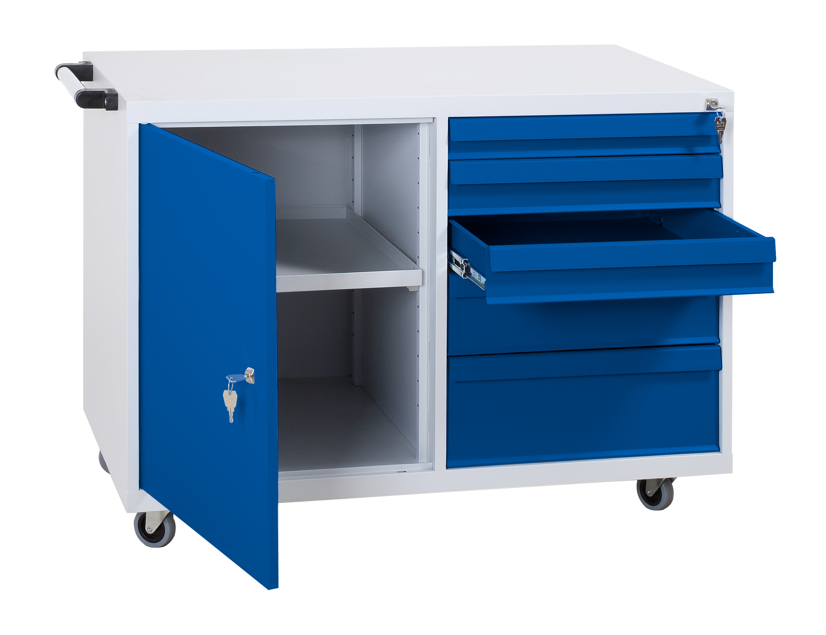 Werkstattwagen - 1 + 2 + 1 + 1 Schubladen rechts - 2 Fächer links - 840x1090x600 mm (HxBxT)