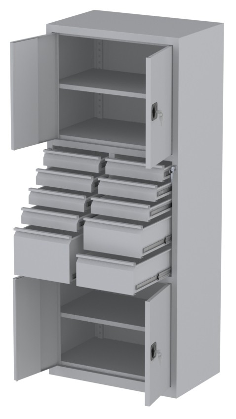 Werkstattschrank - 2 Fächer und 2 + 7 + 1 Schubladen - 1950x1000x500 mm (HxBxT)