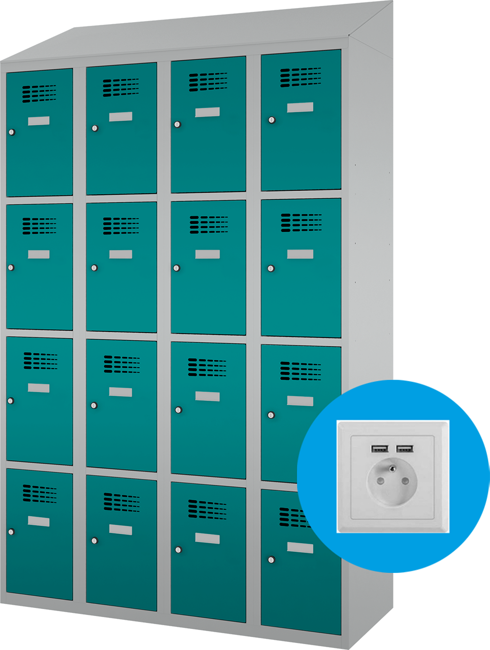 Schließfachschrank - 4 Abteile -  16 Fächer - mit Steckdosen + USB A+C - 2000x1200x500 mm (HxBxT)