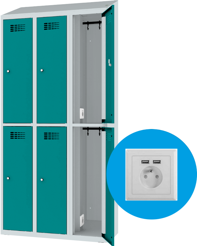 Garderobenschrank - 3 Abteile -  6 Fächer - mit Steckdosen + USB A+C