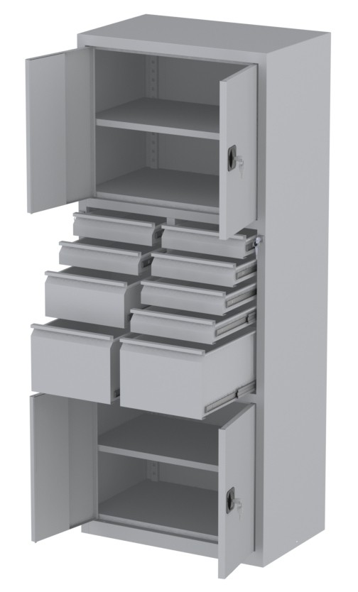 Werkstattschrank - 2 Fächer und 2 + 6 + 1 Schubladen - 1950x1000x500 mm (HxBxT)