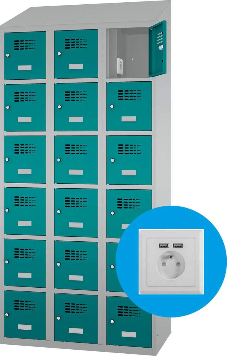 Fächerschrank/Schließfachschrank - 3 Abteile - 18 Fächer - mit Steckdosen + USB A+C - 2000x1200x500 