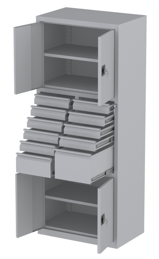 Werkstattschrank - 2 Fächer und 1 + 9 + 1 Schubladen - 1950x1000x500 mm (HxBxT)