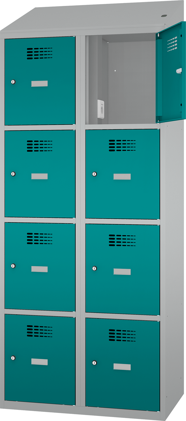 Schließfachschrank - 2 Abteile - 8 Fächer - mit Steckdosen + USB A+C