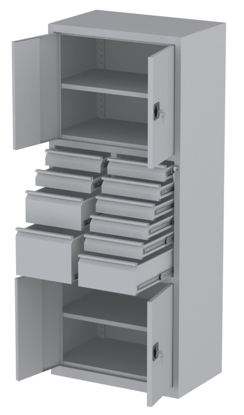 Werkstattschrank - 2 Fächer und 2 + 7 + 1 Schubladen - 1950x1000x500 mm (HxBxT)