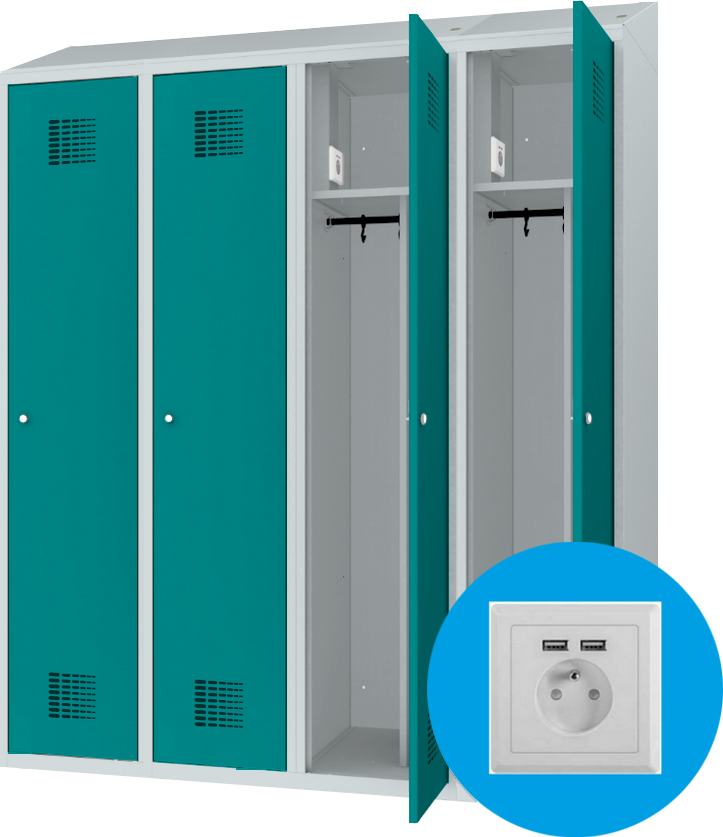 Spind - 4 Abteile - mit Steckdosen + USB A+C