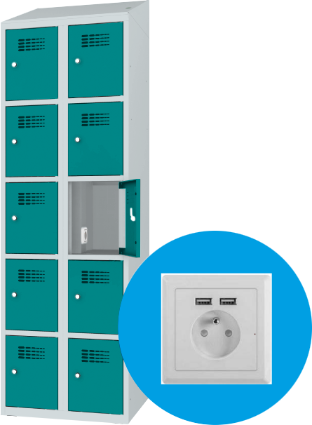Schließfachschrank - 2 Abteile -  10 Fächer - mit Steckdosen + USB A+C - 2000x600x500 mm (HxBxT)