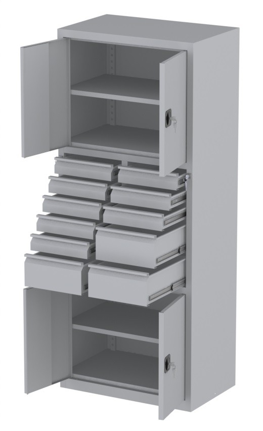 Werkstattschrank - 2 Fächer und 8 + 3 Schubladen - 1950x1000x500 mm (HxBxT)