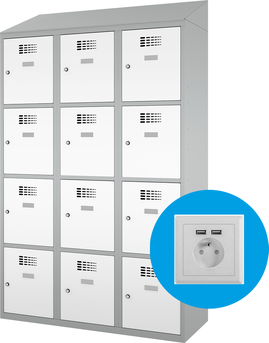 Schließfachschrank - 3 Abteile -  12 Fächer - mit Steckdosen + USB A+C - 2000x900x500 mm (HxBxT)