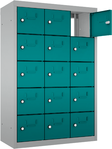 Schließfach/Kantinenschrank - 3 Abteile - 15 Fächer - mit Durchgang