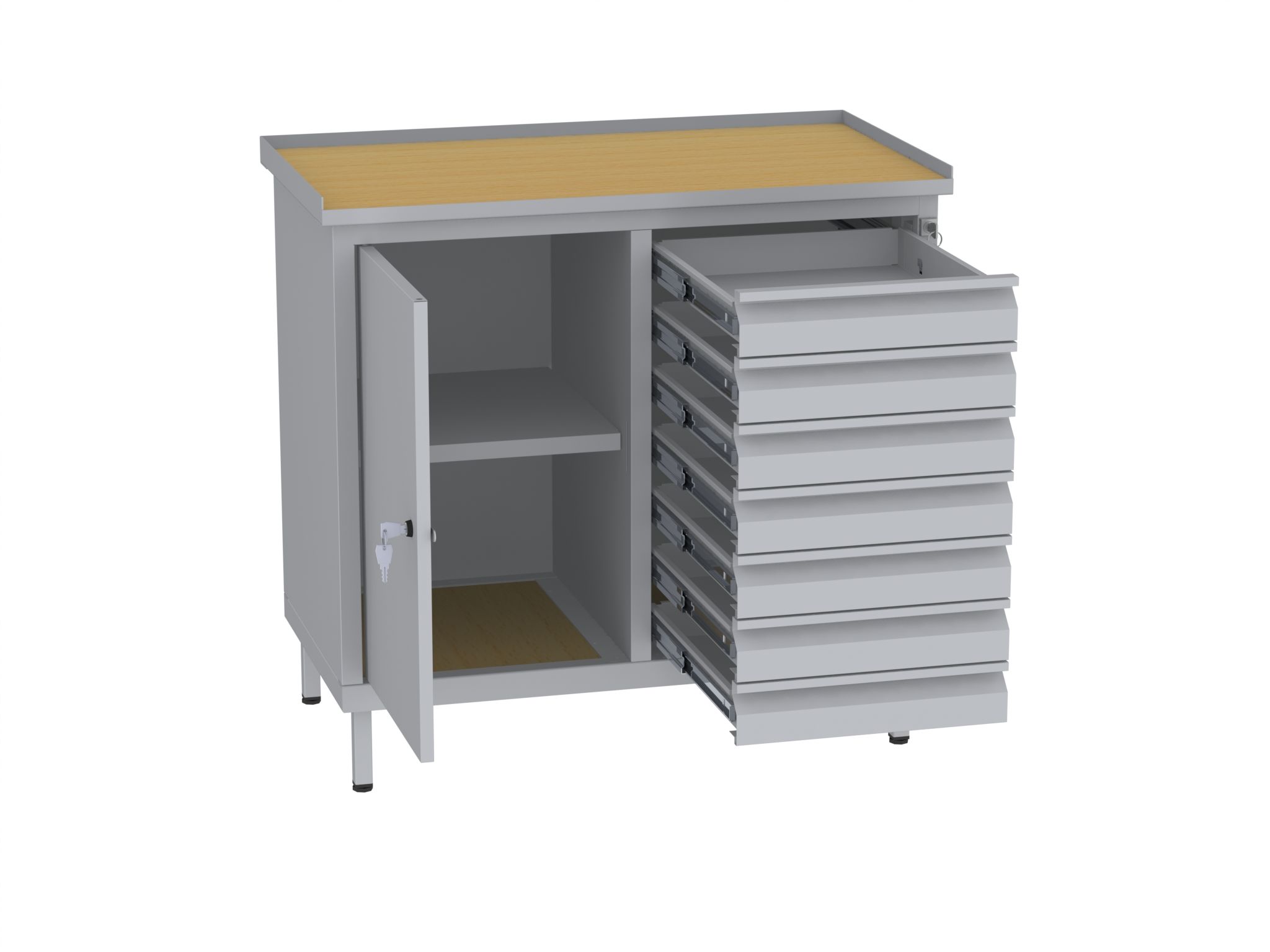 Werkstattschrank, niedrig - 2 Fächer und 7 Schubalden - 850x900x505 mm (HxBxT)