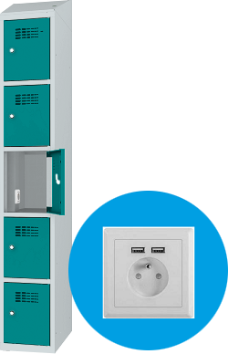 Schließfachschrank - 1 Abteil -  5 Fächer - mit Steckdosen + USB A+C - 2000x300x500 mm (HxBxT)