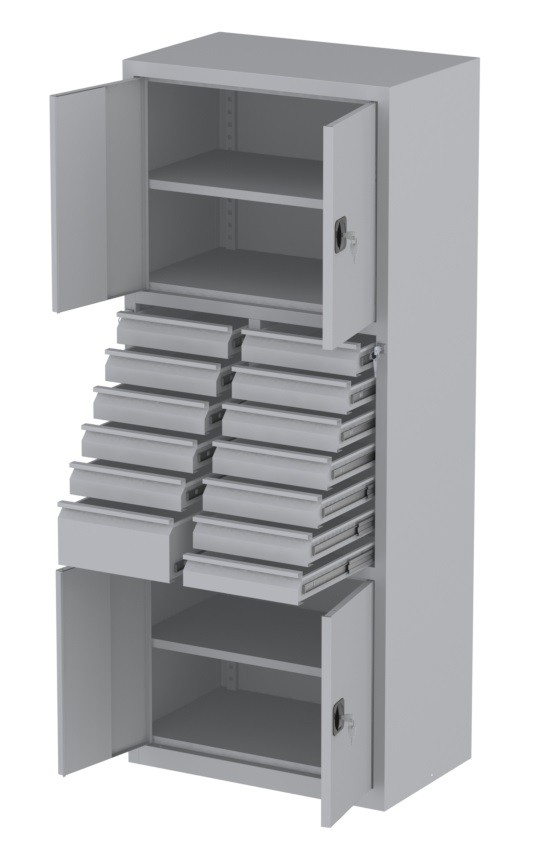 Werkstattschrank - 2 Fächer und 12 + 1 Schubladen - 1950x1000x500 mm (HxBxT)