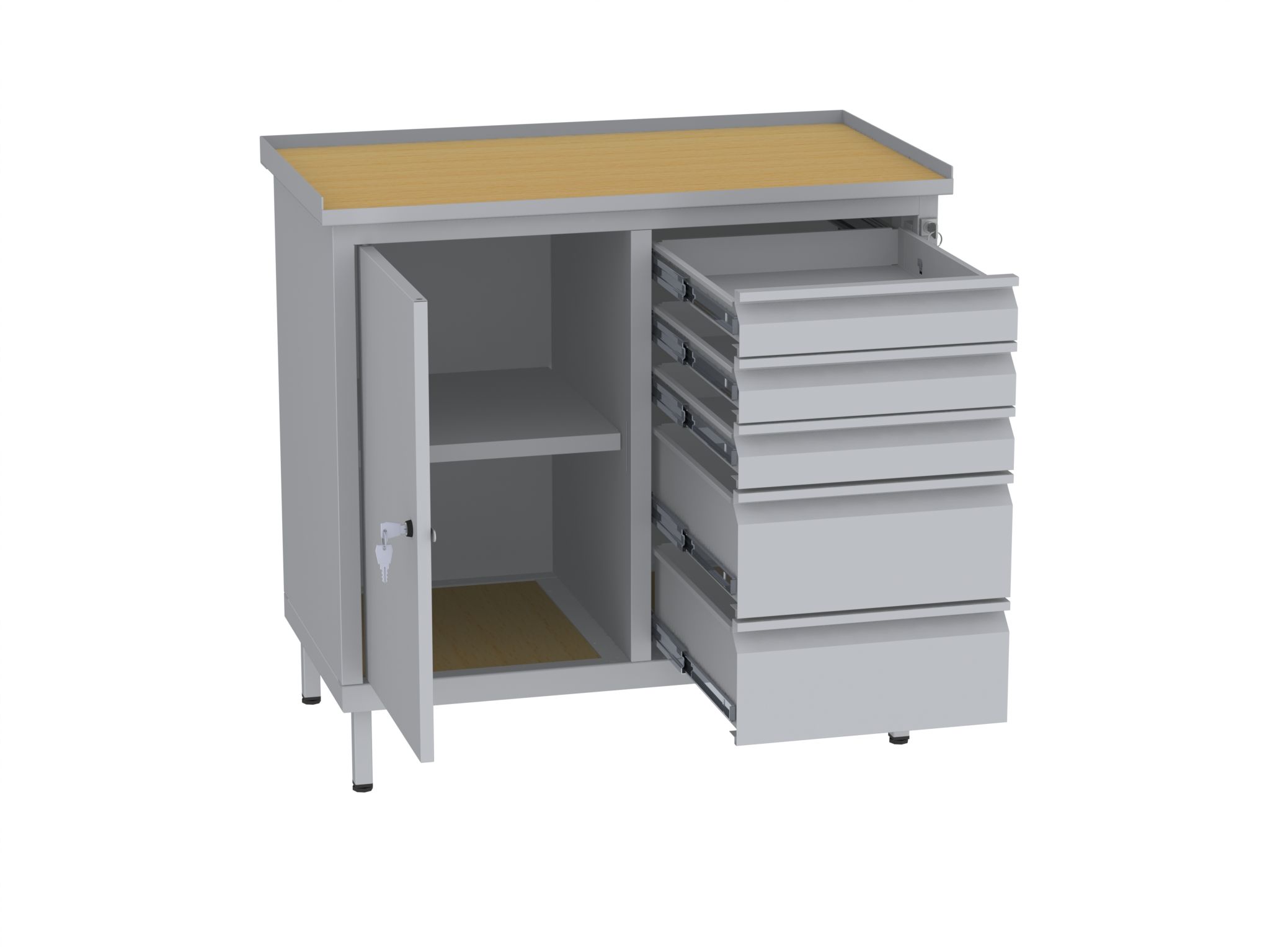 Werkstattschrank, niedrig - 2 Fächer und 2 + 3 Schubladen - 850x900x505 mm (HxBxT)