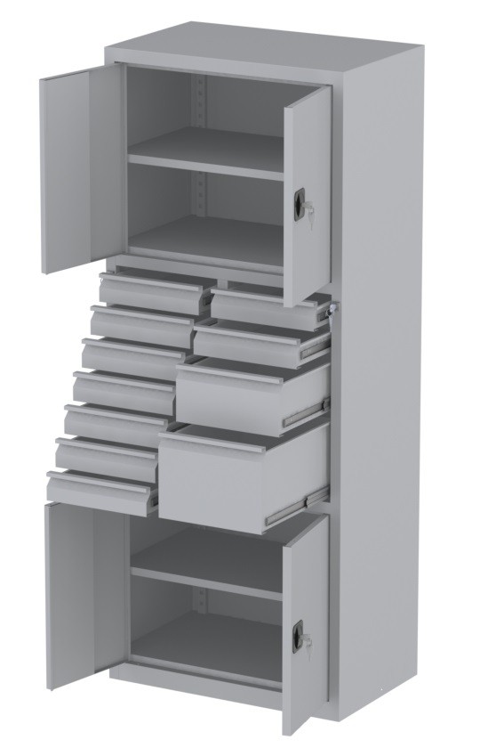 Werkstattschrank - 2 Fächer und 1 + 1 + 9 Schubladen - 1950x1000x500 mm (HxBxT)